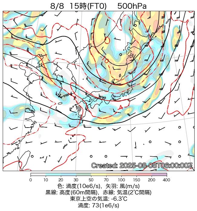 2025年8月8日の日本周辺の500hPa天気図（15時）