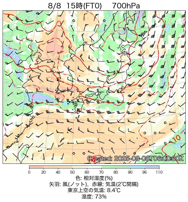 2025年8月8日の日本周辺の700hPa天気図（15時）