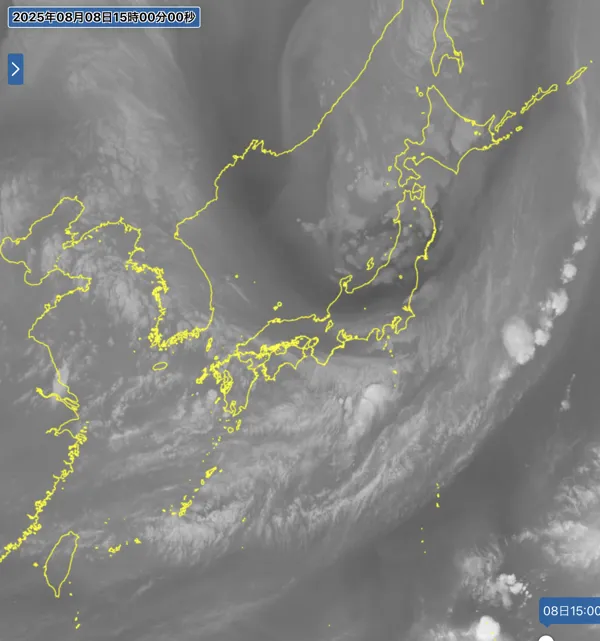 2025年8月8日15時の日本周辺の衛星水蒸気画像