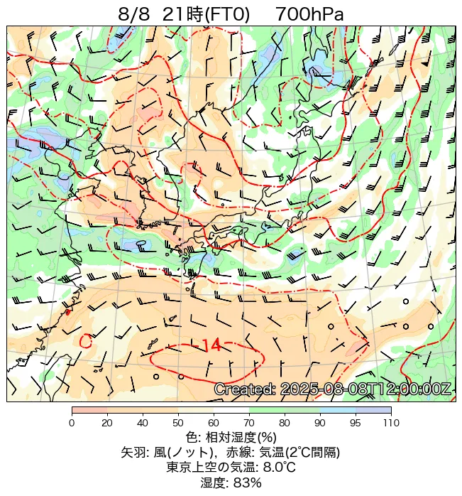 2025年8月8日の日本周辺の700hPa天気図（21時）