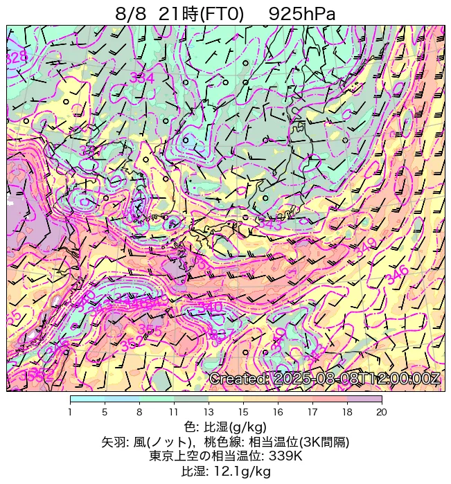 2025年8月8日の日本周辺の925hPa天気図（21時）