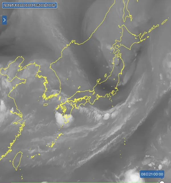 2025年8月8日21時の日本周辺の衛星水蒸気画像