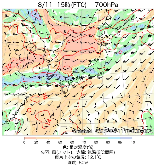 2025年8月11日の日本周辺の700hPa天気図（15時）