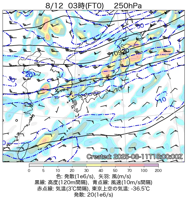 2025年8月12日の日本周辺の250hPa天気図（3時）