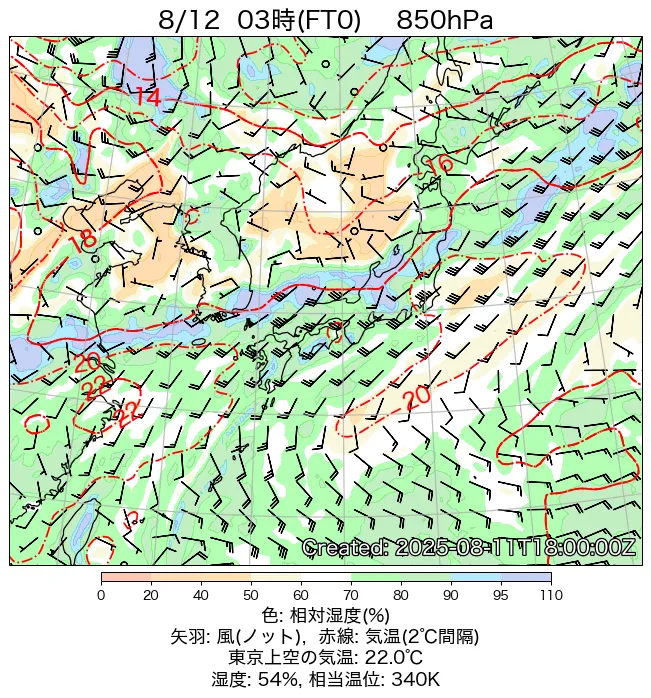2025年8月12日の日本周辺の850hPa天気図（3時）