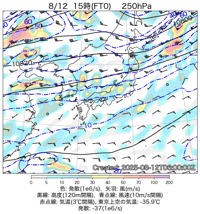 2025年8月12日の日本周辺の250hPa天気図（15時）