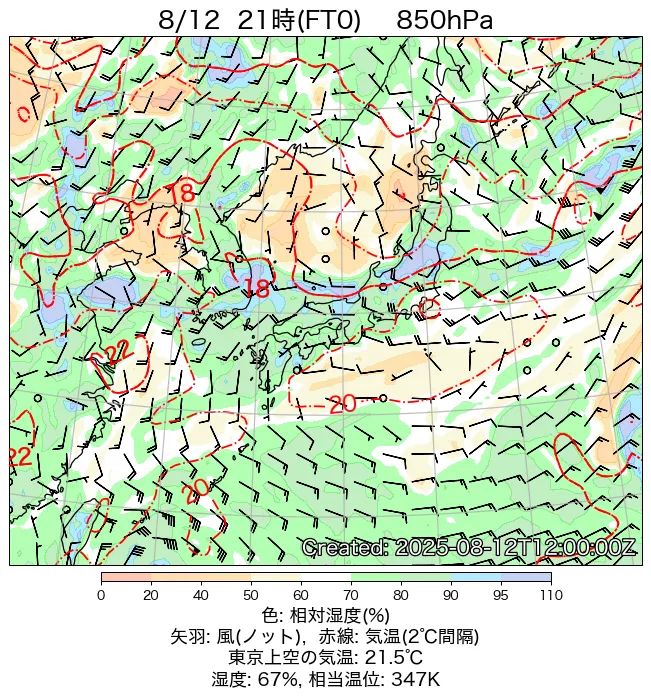 2025年8月12日の日本周辺の850hPa天気図（21時）