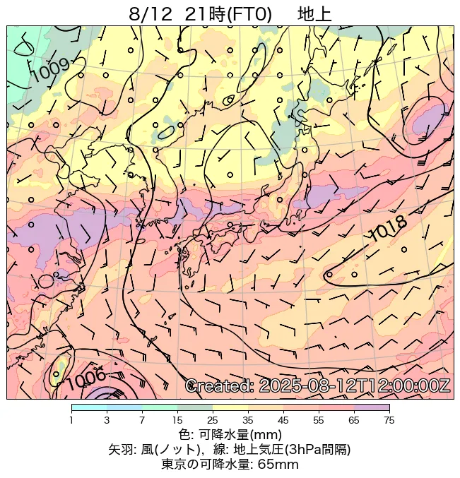 2025年8月12日の日本周辺の地上天気図（21時）