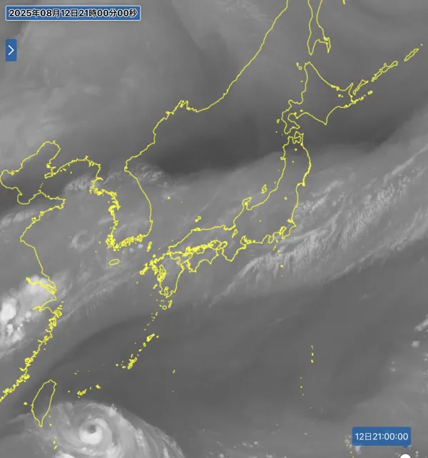 2025年8月12日の日本周辺の衛星水蒸気画像（21時）