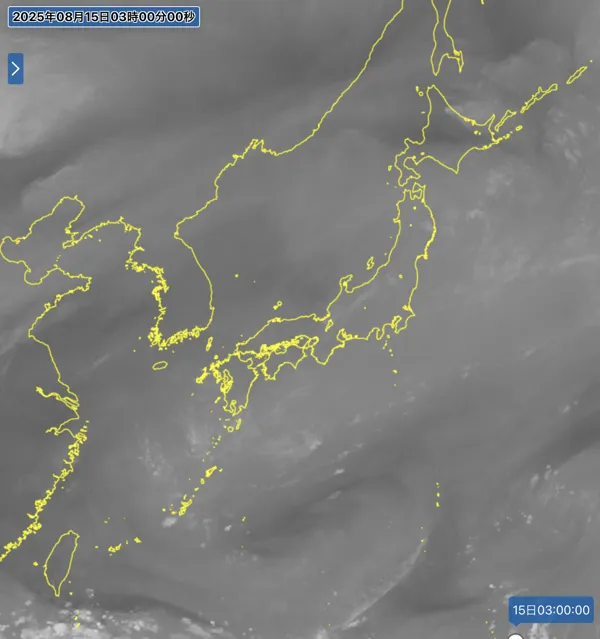 2025年8月15日3時の日本周辺の衛星水蒸気画像