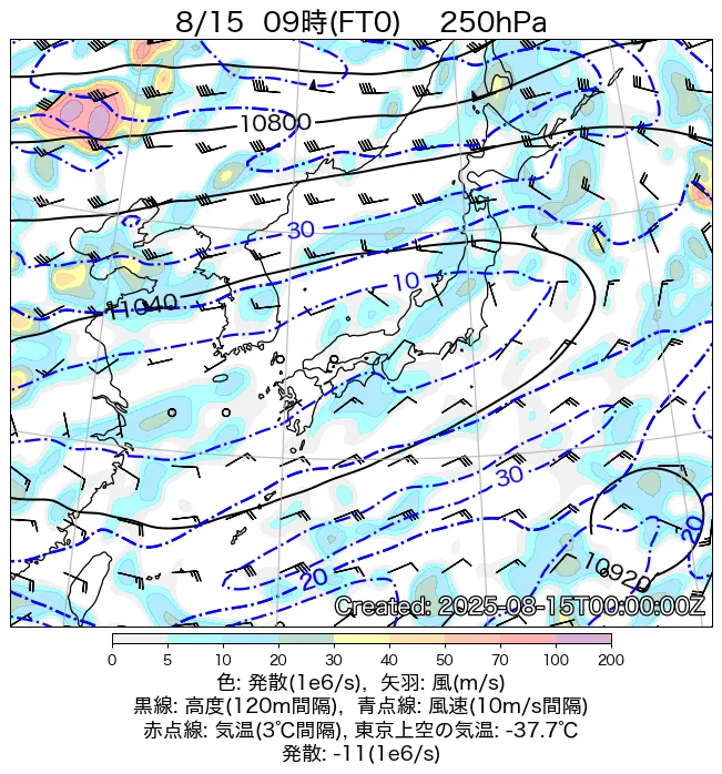 2025年8月15日の日本周辺の250hPa天気図（9時）