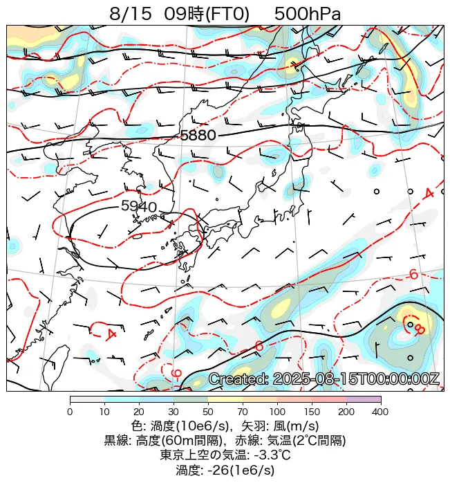2025年8月15日の日本周辺の500hPa天気図（9時）