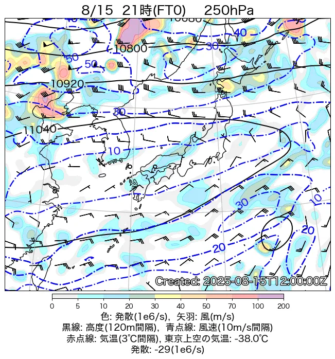 2025年8月15日の日本周辺の250hPa天気図（21時）