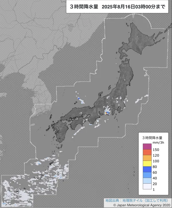 2025年8月16日の日本周辺の0〜3時の3時間解析降水量