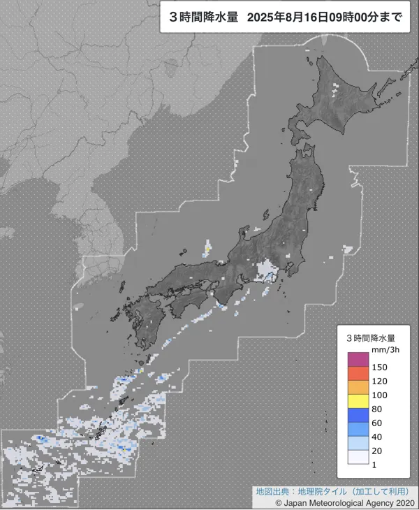 2025年8月16日の日本周辺の6〜9時の3時間解析降水量