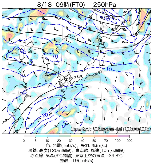 2025年8月18日の日本周辺の250hPa天気図（9時）