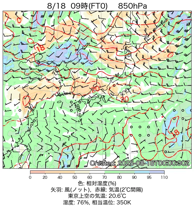 2025年8月18日の日本周辺の850hPa天気図（9時）