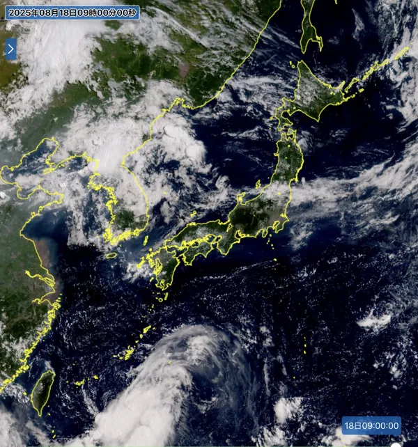 2025年8月18日の日本周辺の衛星画像（9時）