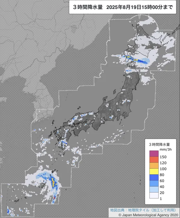 2025年8月19日の日本周辺の12〜15時の3時間解析降水量