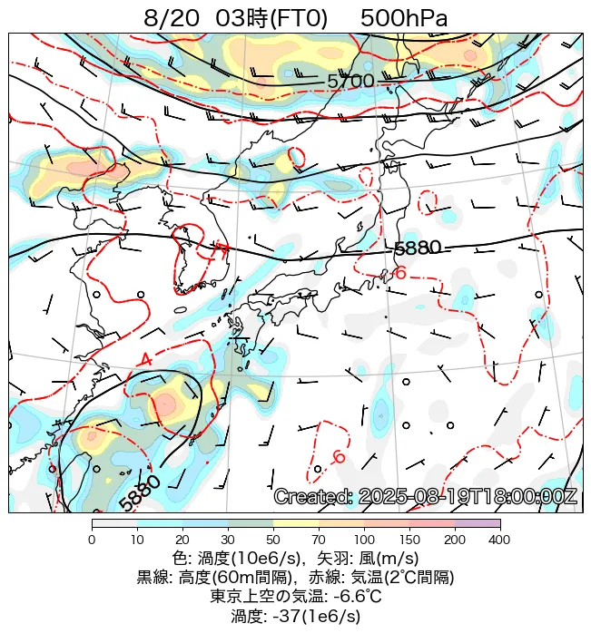 2025年8月20日の日本周辺の500hPa天気図（3時）
