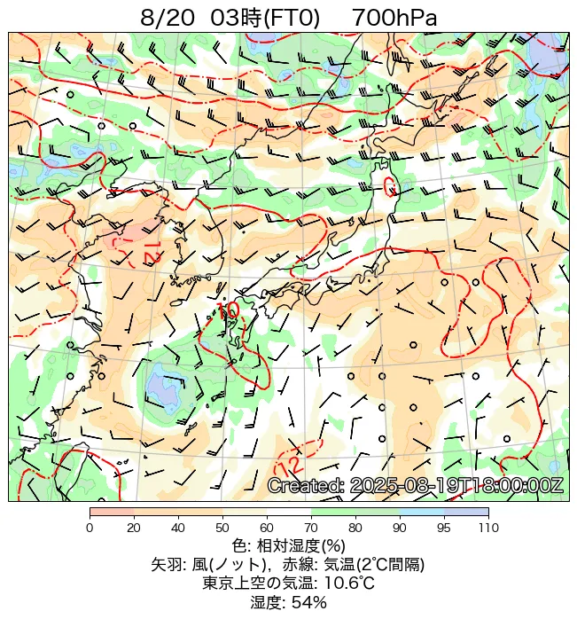 2025年8月20日の日本周辺の700hPa天気図（3時）