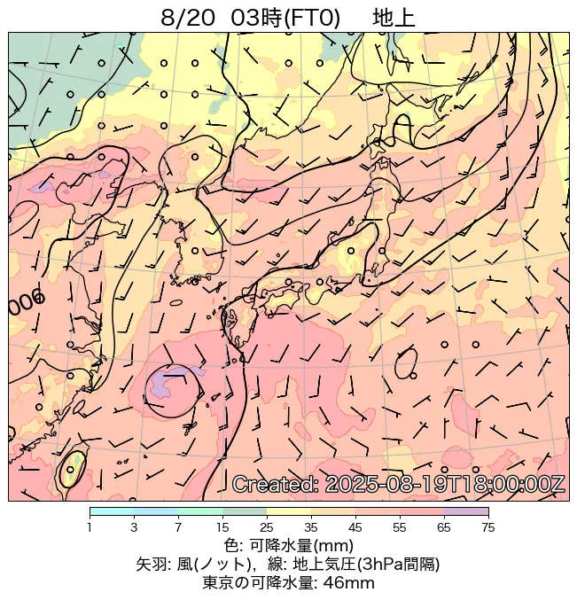 2025年8月20日の日本周辺の地上天気図（3時）