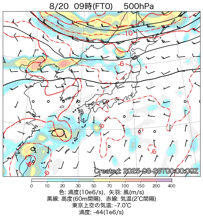 2025年8月20日の日本周辺の500hPa天気図（9時）