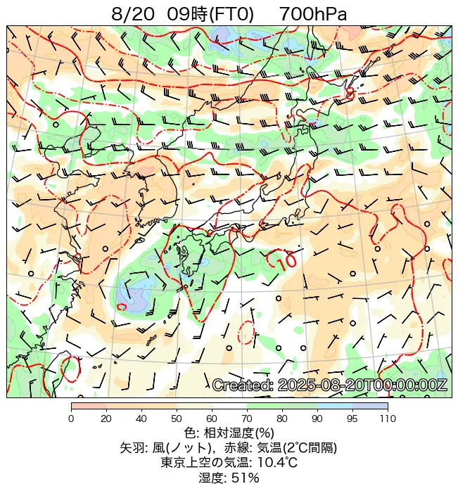 2025年8月20日の日本周辺の700hPa天気図（9時）