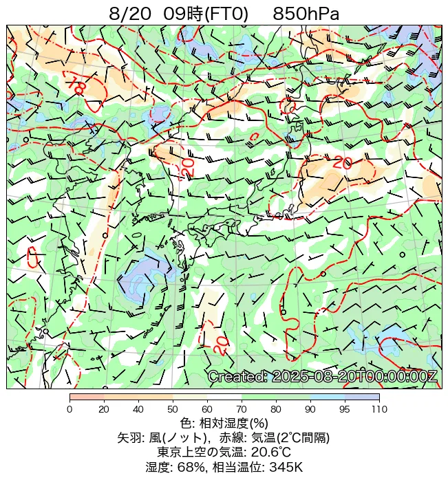 2025年8月20日の日本周辺の850hPa天気図（9時）