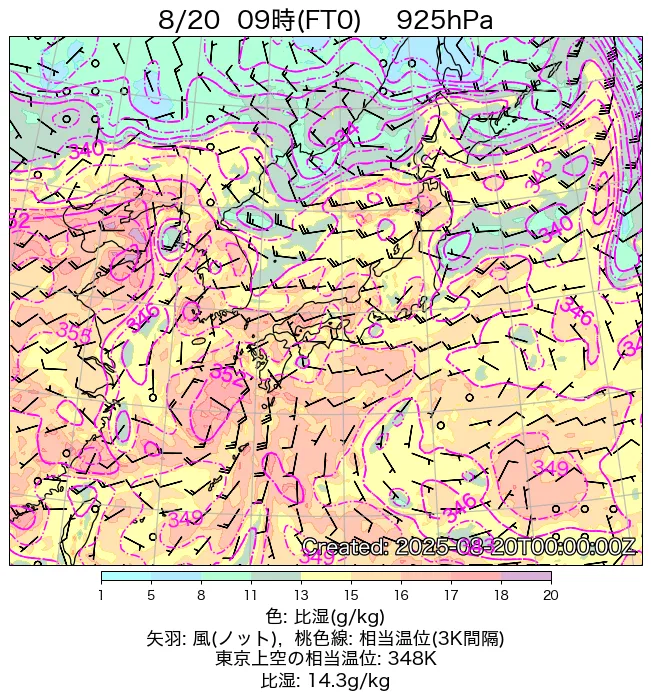 2025年8月20日の日本周辺の925hPa天気図（9時）