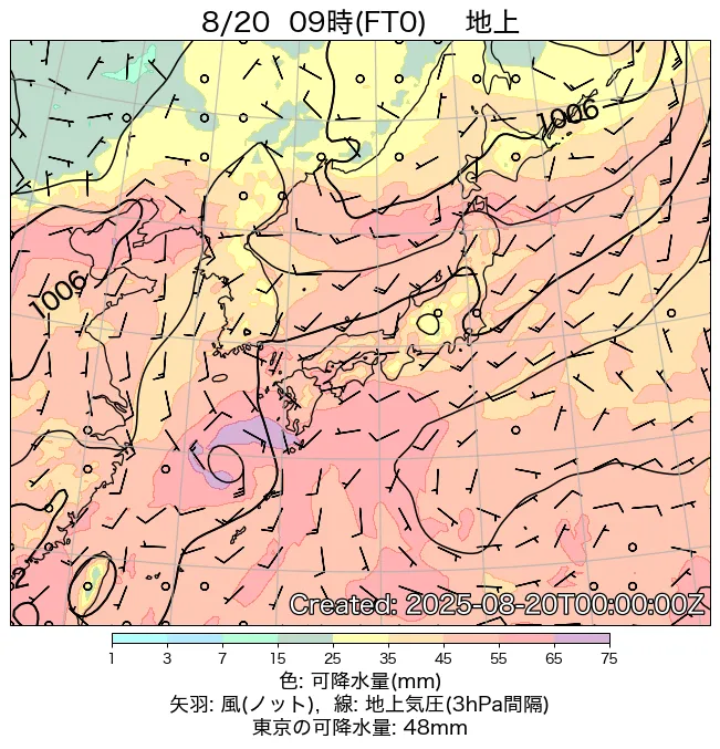 2025年8月20日の日本周辺の地上天気図（9時）