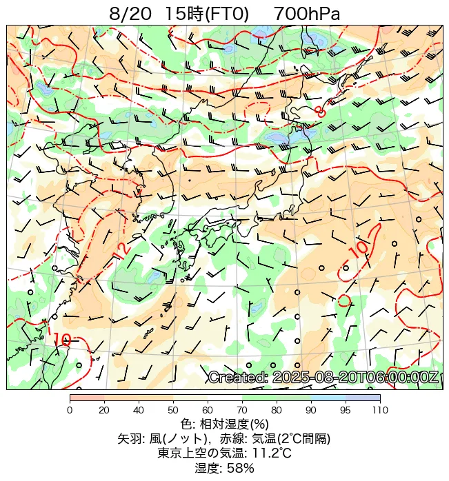 2025年8月20日の日本周辺の700hPa天気図（15時）