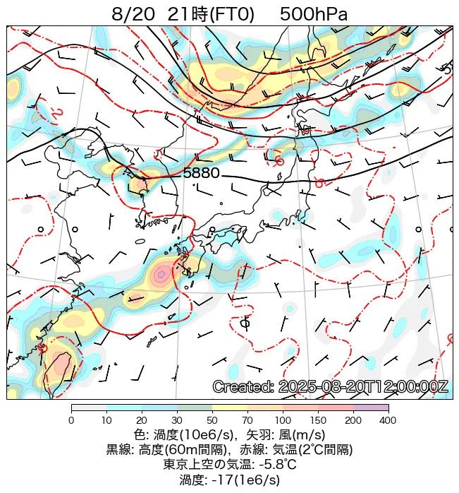 2025年8月20日の日本周辺の500hPa天気図（21時）