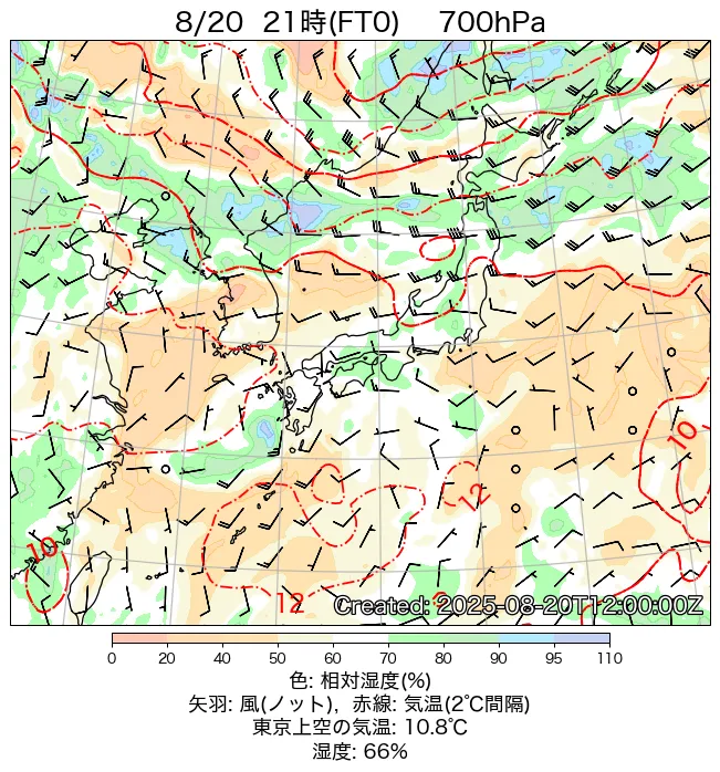 2025年8月20日の日本周辺の700hPa天気図（21時）