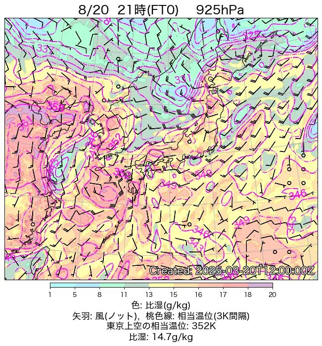 2025年8月20日の日本周辺の925hPa天気図（21時）