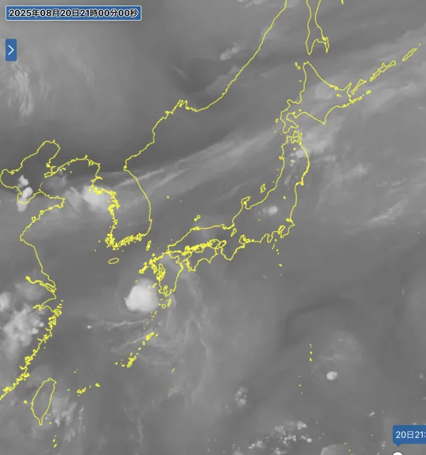 2025年8月20日21時の日本周辺の衛星水蒸気画像