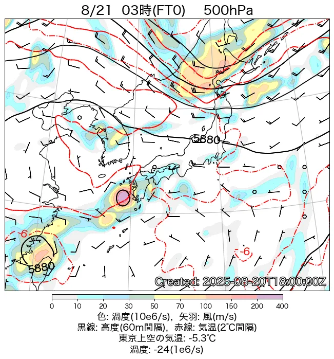 2025年8月21日の日本周辺の500hPa天気図（3時）