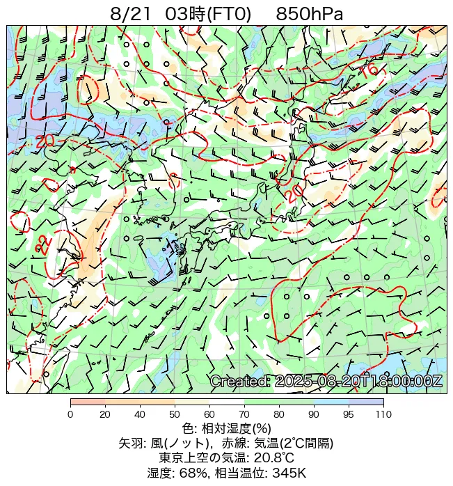 2025年8月21日の日本周辺の850hPa天気図（3時）