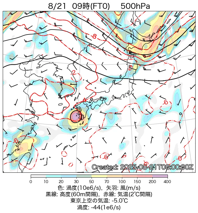 2025年8月21日の日本周辺の500hPa天気図（9時）