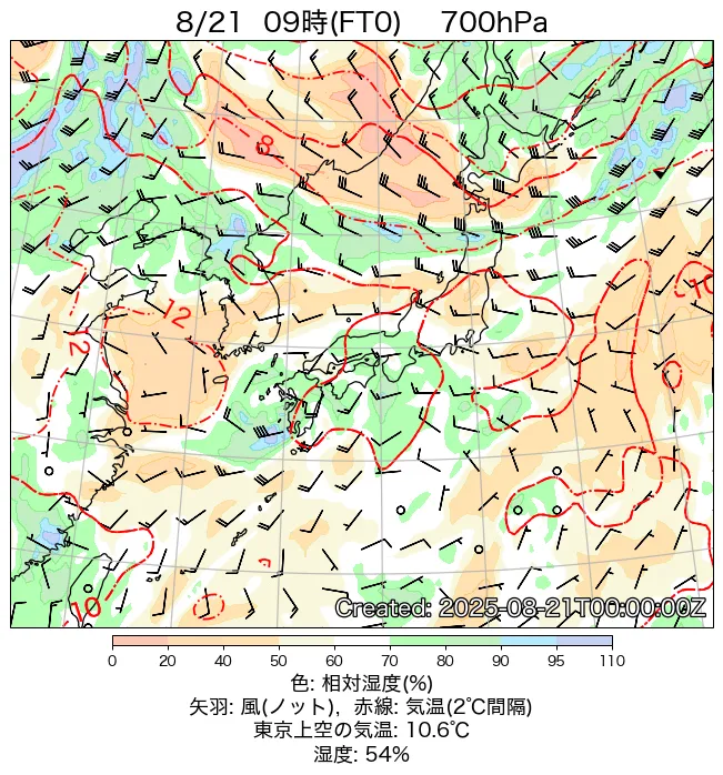 2025年8月21日の日本周辺の700hPa天気図（9時）