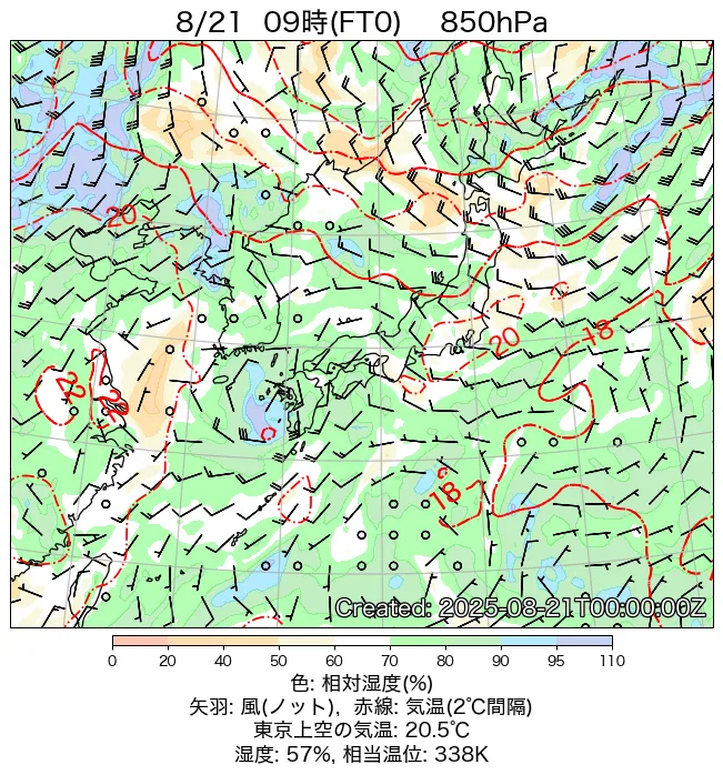 2025年8月21日の日本周辺の850hPa天気図（9時）