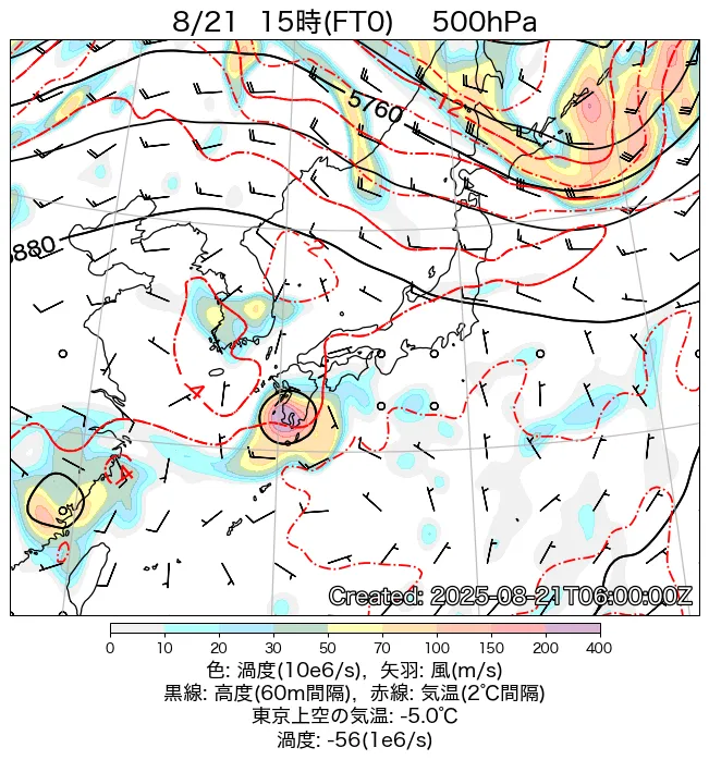 2025年8月21日の日本周辺の500hPa天気図（15時）