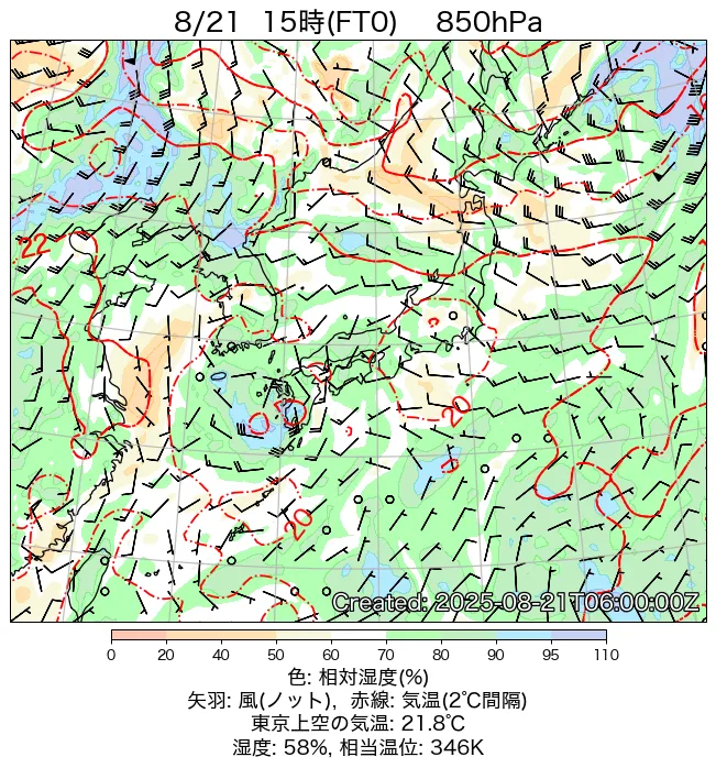 2025年8月21日の日本周辺の850hPa天気図（15時）