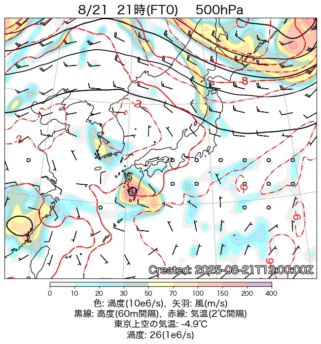 2025年8月21日の日本周辺の500hPa天気図（21時）