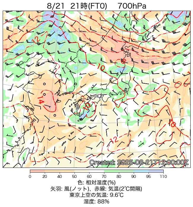 2025年8月21日の日本周辺の700hPa天気図（21時）