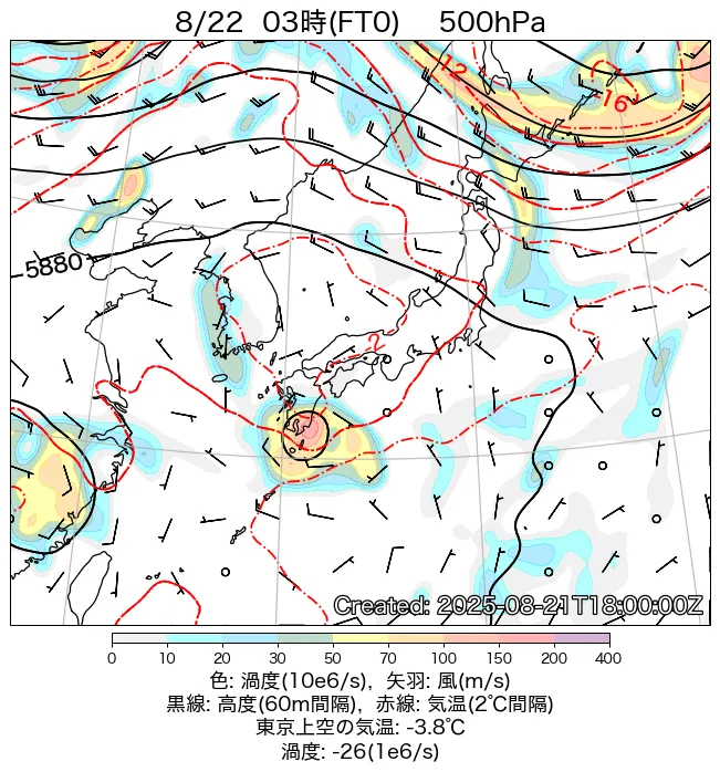 2025年8月22日の日本周辺の500hPa天気図（3時）