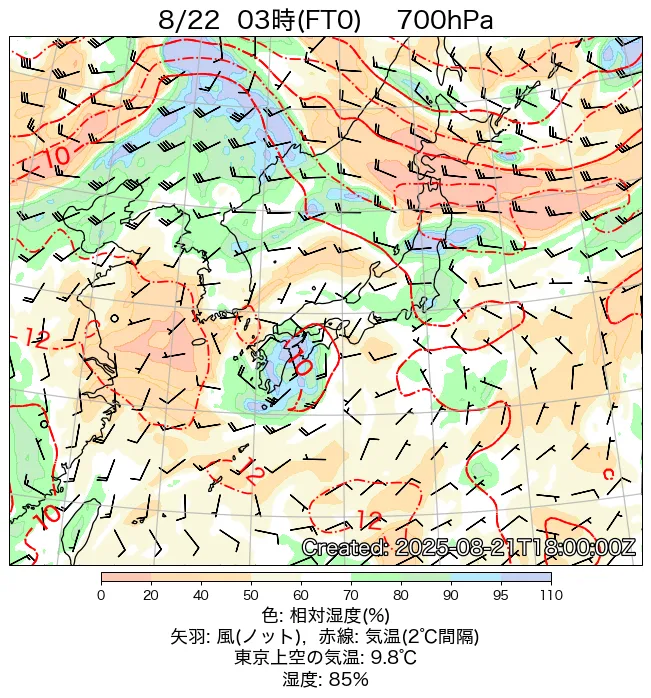 2025年8月22日の日本周辺の700hPa天気図（3時）