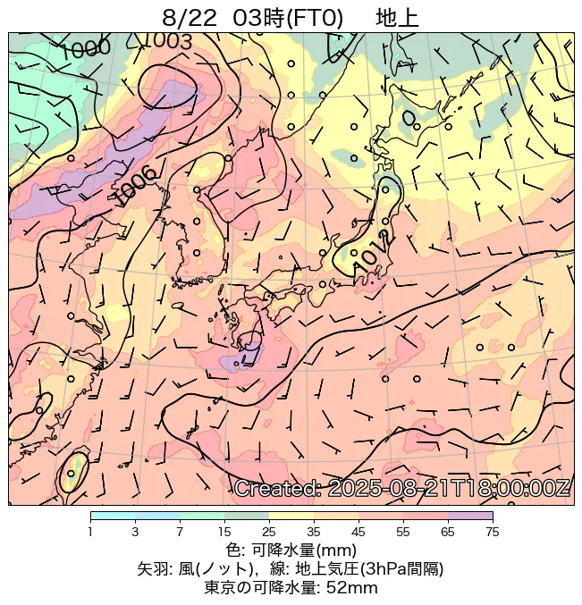 2025年8月22日の日本周辺の地上天気図（3時）