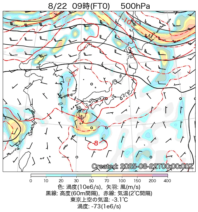 2025年8月22日の日本周辺の500hPa天気図（9時）