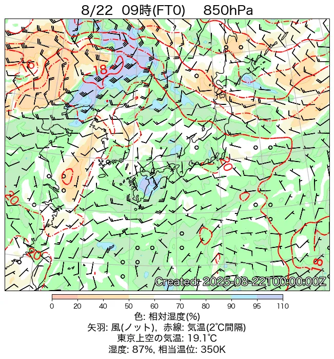 2025年8月22日の日本周辺の850hPa天気図（9時）
